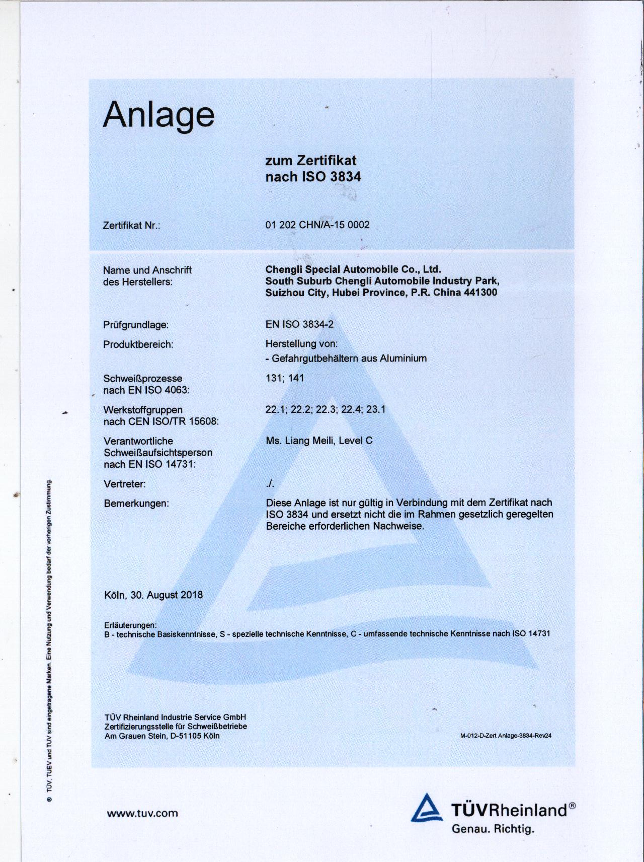 TÜV Rheinland ISO 3834 Welding Certification (DE)